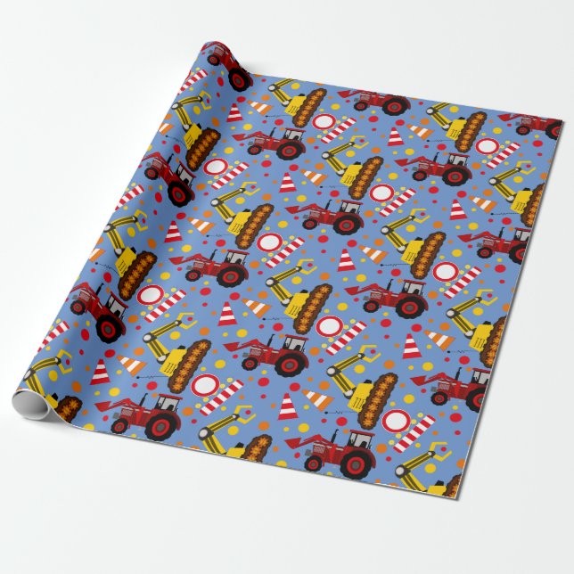 Tractor bulldozer construction polka dot wrapping paper (Unrolled)