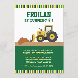 Tractor Construction Stripes Birthday Invitation