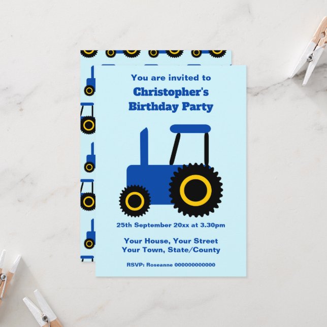 Tractor Design Personalised Birthday Party Invitation (Front/Back In Situ)