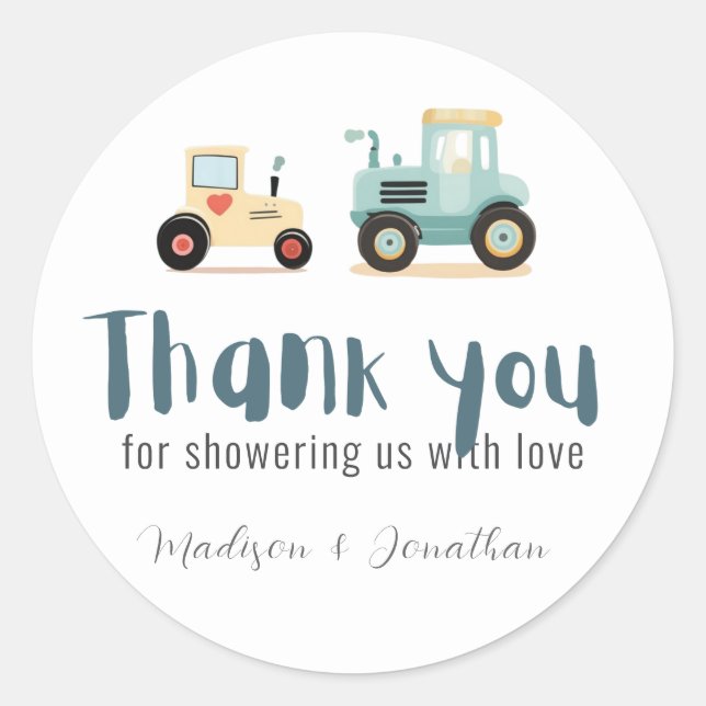 Tractor driver farm boy baby shower thank you  classic round sticker (Front)