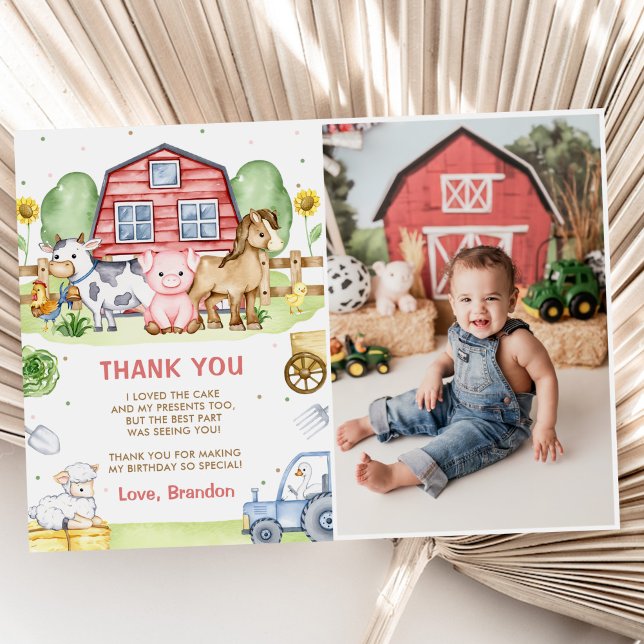 Tractor Farm Animals 1st Birthday Photo Thank You Card (Creator Uploaded)