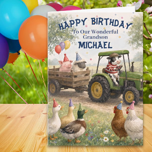 Tractor & Farm Animals Grandson Birthday Card