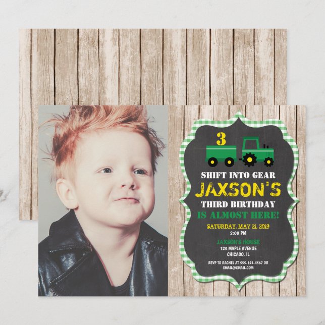 Tractor Farm birthday boy green yellow wood photo Invitation (Front/Back)