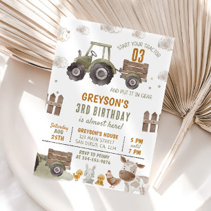 Tractor Farm Boy 3rd Birthday Party Invitation