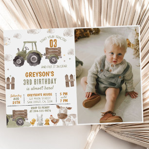 Tractor Farm Boy 3rd Birthday Party Photo Invitation