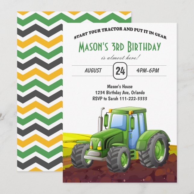 Tractor Farm Kids Birthday Invitation (Front/Back)