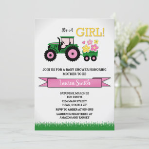 Tractor Girl Baby Shower Invitation, Pink Tractor  Invitation