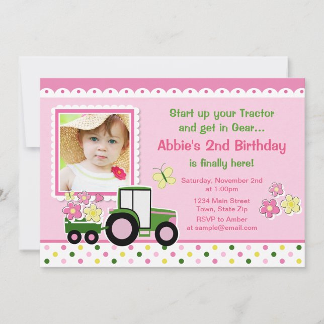 Tractor Girl Birthday Invitation 5x7 Photo Card (Front)