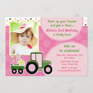 Tractor Girl Birthday Invitation 5x7 Photo Card