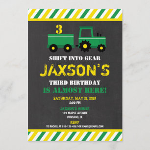Tractor green and yellow birthday invitation boy