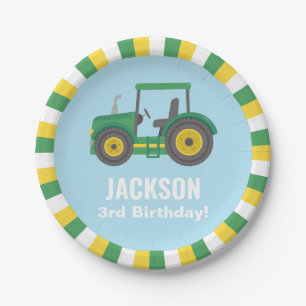 Tractor Green Yellow White Border Boys Birthday Paper Plate