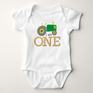 Tractor Green Yellow Wood 1st First Birthday Baby Bodysuit