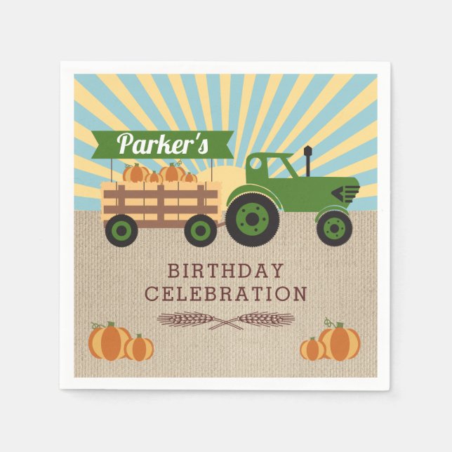 Tractor Hayride Pumpkin Birthday Napkins (Front)