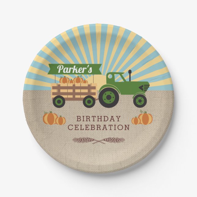 Tractor Hayride Pumpkin Birthday Party Paper Plate (Front)