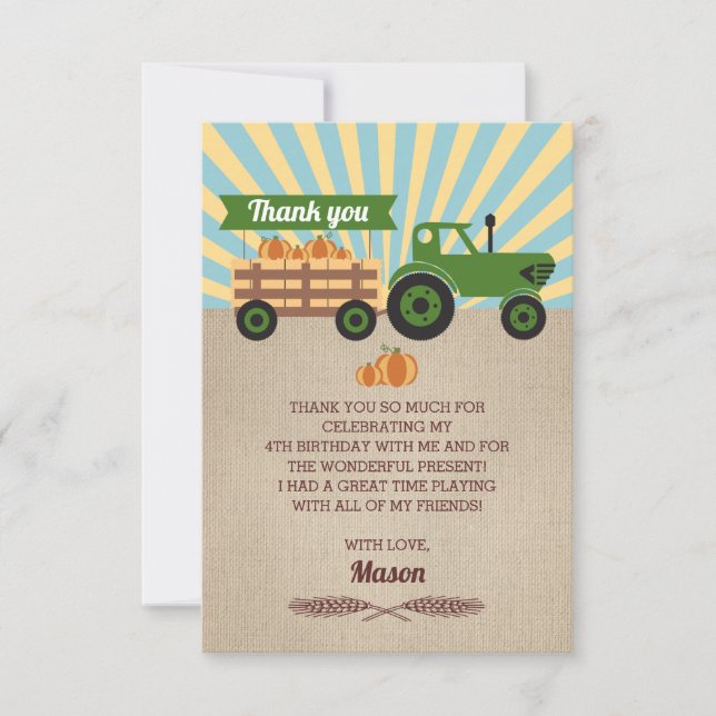 Tractor Hayride Pumpkin Birthday Thank You Card (Front)