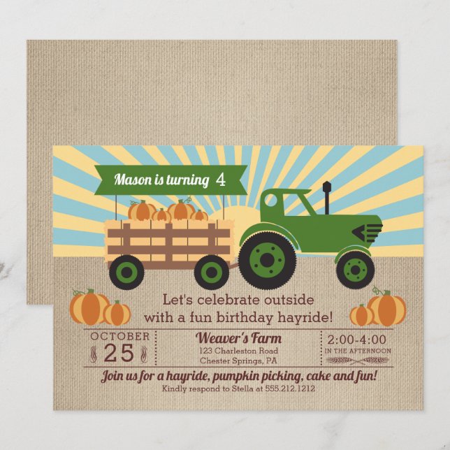 Tractor Hayride Pumpkin Picking Birthday Party Invitation (Front/Back)