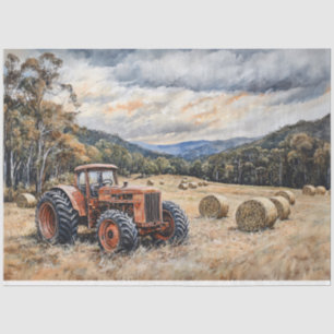 Tractor in a Hay Field Rustic Decoupage Tissue Paper