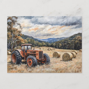 Tractor in a Hay Field Rustic Postcard