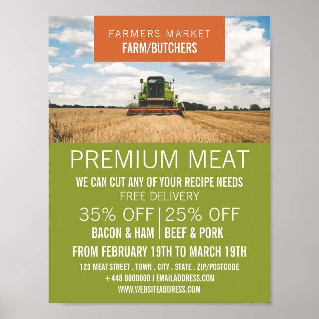 Tractor in Field, Farmer & Butcher Advertising Poster (Front)