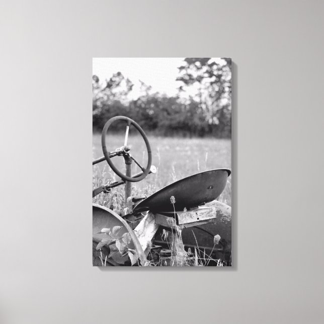 Tractor in Grass Black and White Canvas Print (Front)