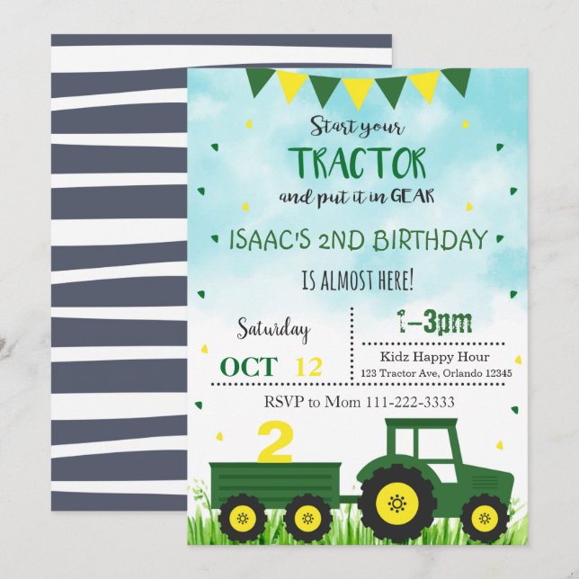 Tractor Invitation, Tractor Birthday Invite (Front/Back)