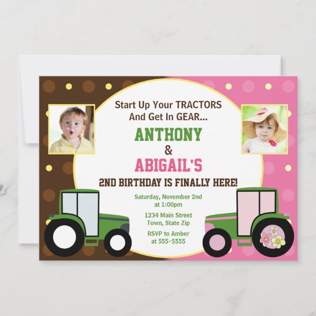 Tractor Joint Birthday Invitation Twin Invitation (Front)