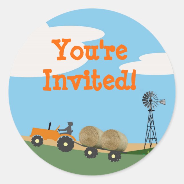 Tractor on the Farm Party Envelope Seal: Orange Tr Classic Round Sticker (Front)