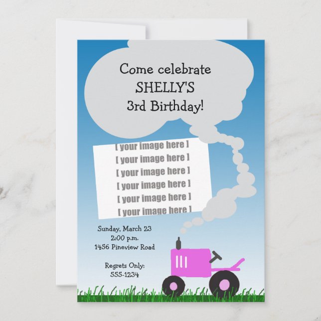 Tractor Photo Invitation: Pink Tractor Invitation (Front)