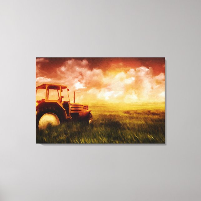 Tractor Ploughing Oil Painting Print Wrapped (Front)