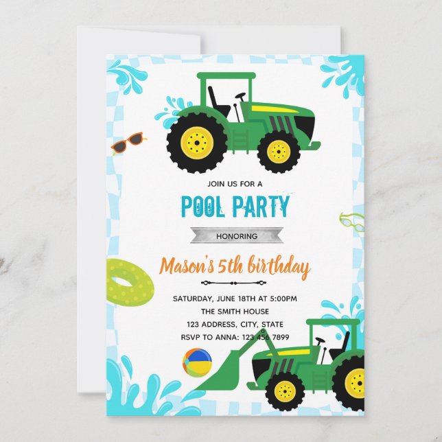 Tractor pool birthday party invitation (Front)