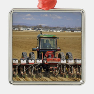 Tractor pulling a seed corn planter. metal tree decoration