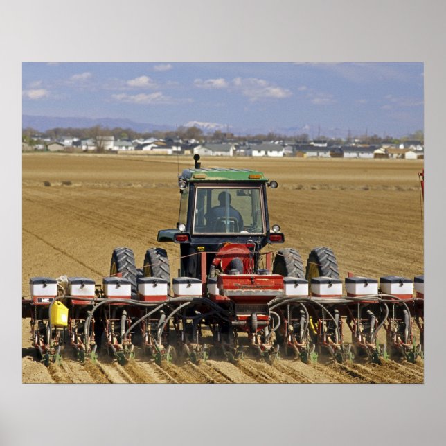 Tractor pulling a seed corn planter. poster (Front)