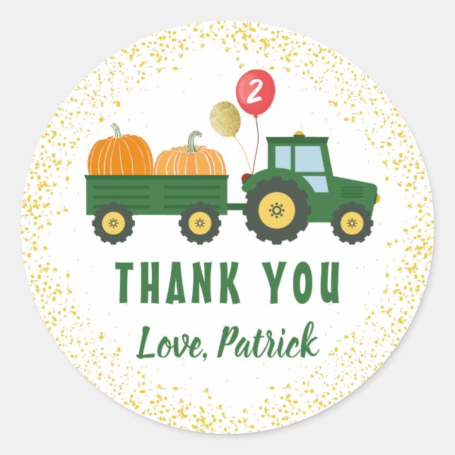 Tractor Pumpkin Autumn Birthday Thank You Classic Round Sticker (Front)