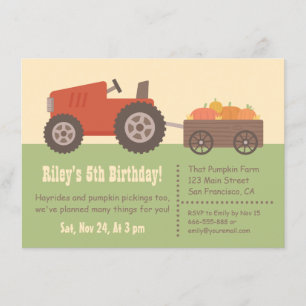 Tractor Pumpkin Kids Birthday Party Invitations