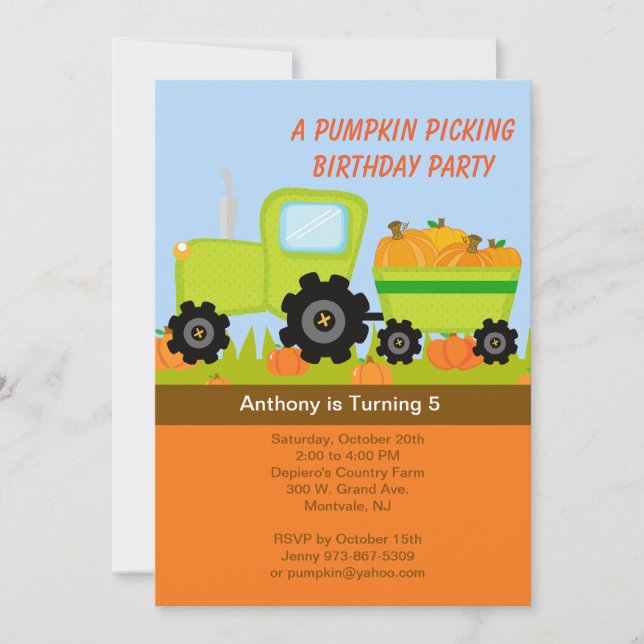 Tractor Pumpkin Picking Birthday Party Invitation (Front)