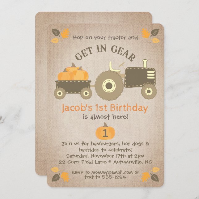 Tractor Pumpkins & Leaves Fall Birthday Party Invitation (Front/Back)