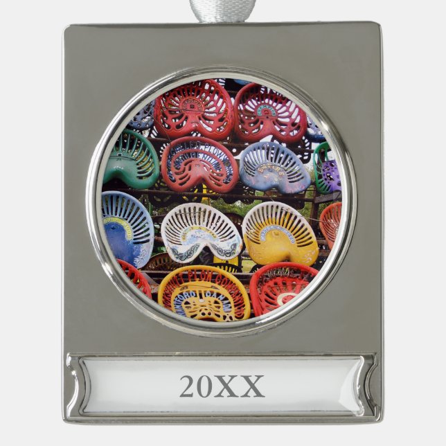 Tractor Seats at Tractor Show Silver Plated Banner Ornament (Front)
