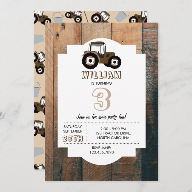 Tractor Truck Pattern Farm Equipment Birthday Invitation (Front/Back)