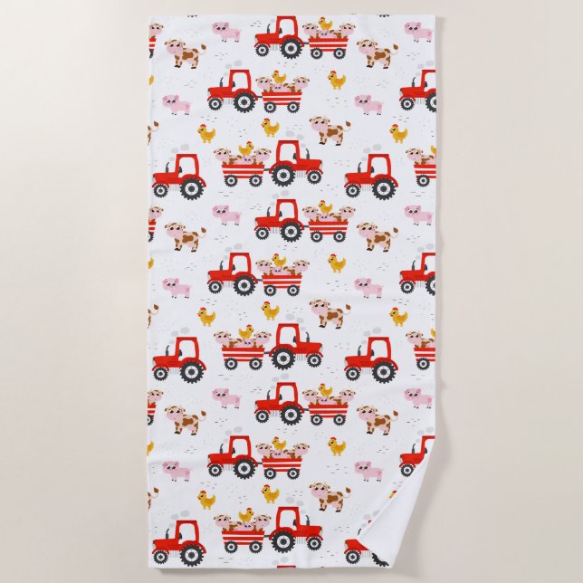 Tractor With Farm Animals Beach Towel (Front)