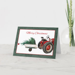 Tractor With Trailer Hauling Christmas Tree Card