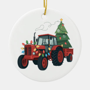 Tractor with Trailer Santa Farm Farmer Christmas Ceramic Tree Decoration