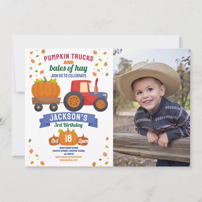 Tractors Pumpkin Birthday Harvest Party Photo Invitation (Front)