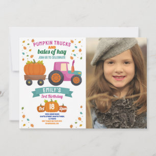 Tractors Pumpkin Pink Birthday Party Girls Photo Invitation