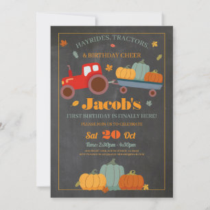 Tractors Pumpkins Birthday 1st One Fall Chalk Invitation
