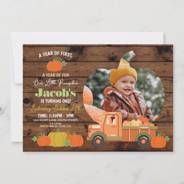 Tractors Pumpkins Birthday 1st Photos Boys One Invitation (Front)