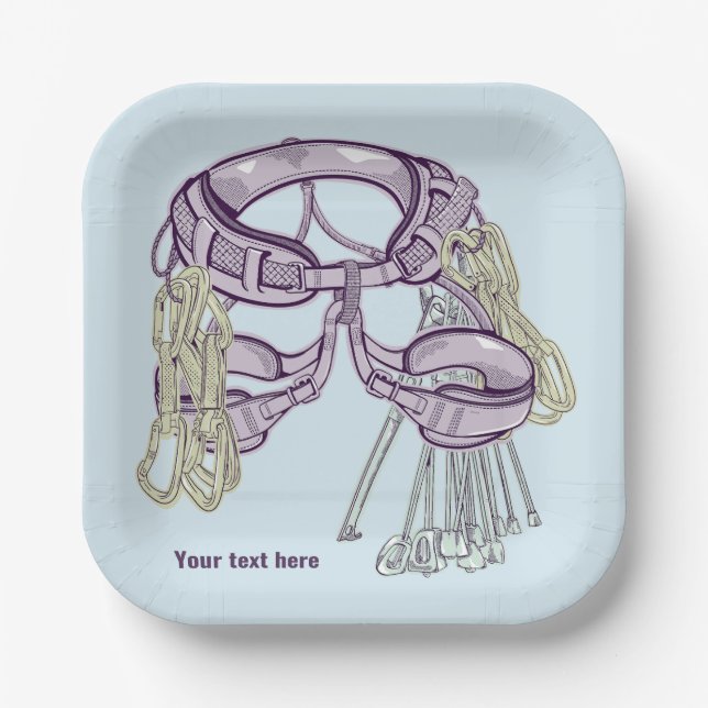 Trad climbing harness and equipment paper plate (Front)