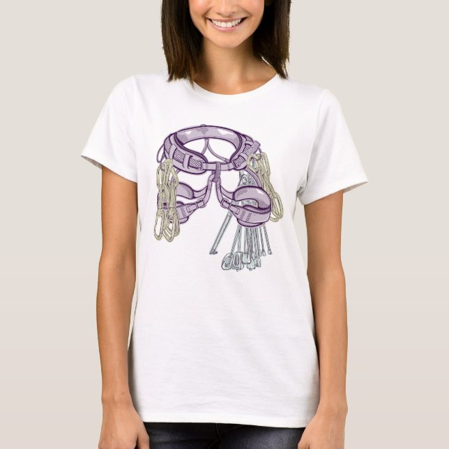 Trad climbing harness and equipment T-Shirt (Front)