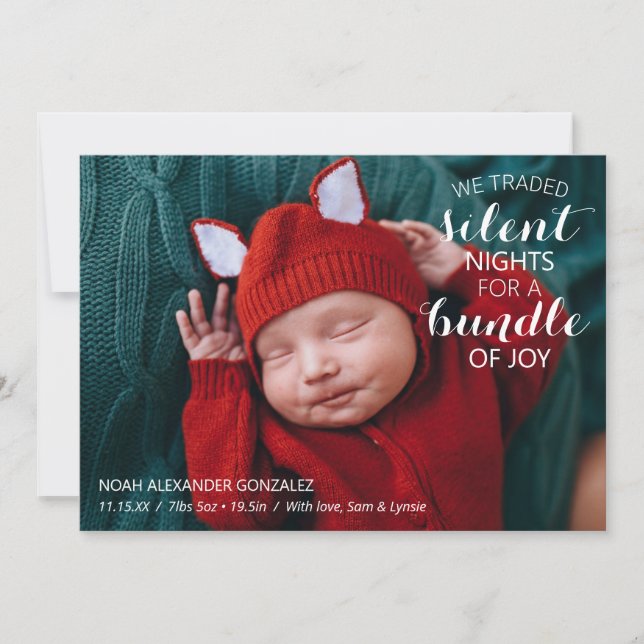 Traded Silent Nights For a Bundle of Joy Newborn  Holiday Card (Front)