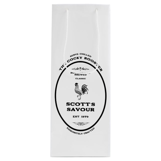Trademark, the cocky rooster, customisable wine gift bag (Front)
