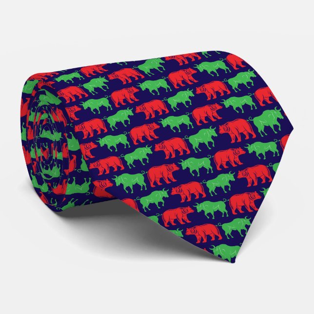 Traders Green Bull & Red Bear, Dark Blue BG Tie (Rolled)